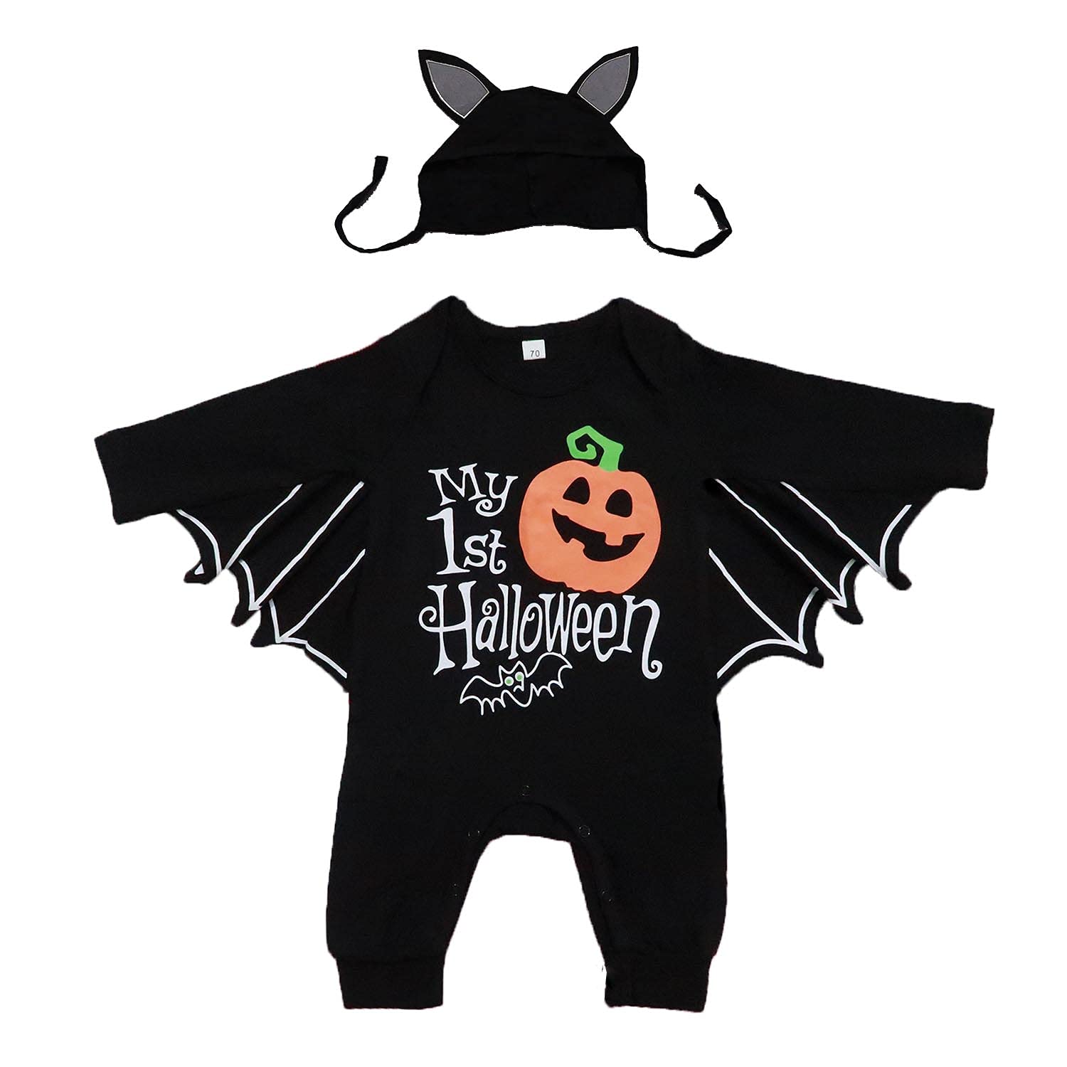 WaghawBaby Bat Costume My 1st Halloween Outfit Pumpkin Newborn Baby Boy Costume Black Bat Bodysuit Long Sleeve Romper With Hats