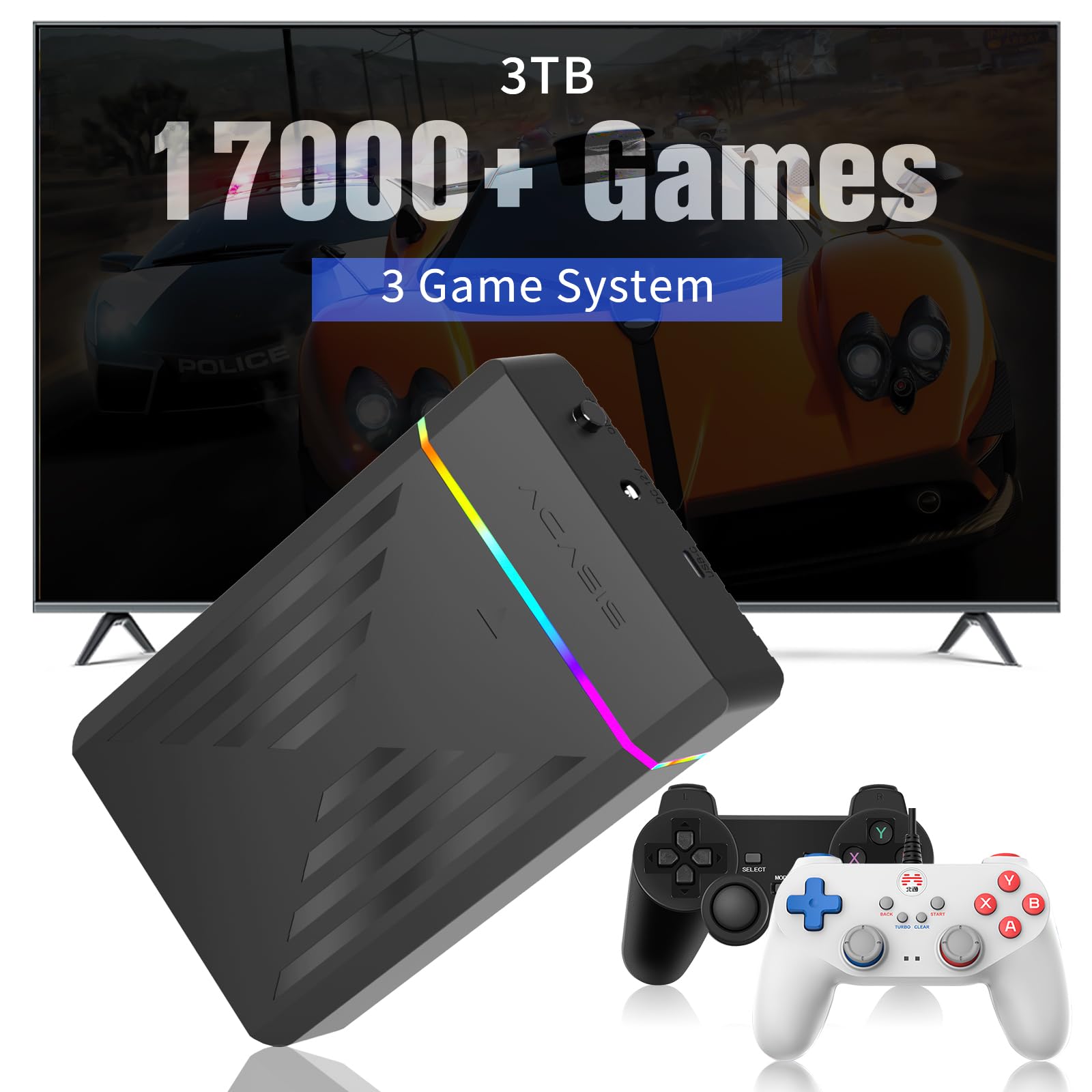 Game Console HDD 3TB Compatible with 17000 Game, 3 Game System in Game Hard Drive, Retro Game Console Compatible with 39 Emulator, Plug and Play Video Game Console for PC (HDD-2 Wired controller)