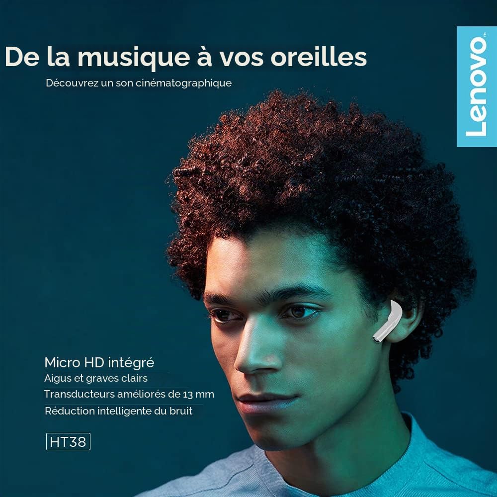 Lenovo – écouteurs sans Fil Bluetooth LivePods HT38 TWS, Mini Casque d'écoute, Commande Tactile 9D Stéréo, avec Micro, 30h d'autonomie