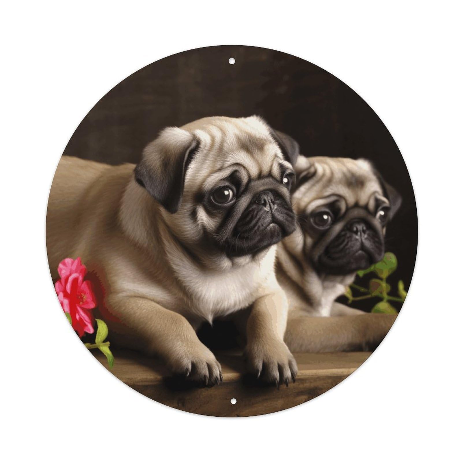 LZQPOEAS Puppys Pug Round Aluminum Wall Art Sign, Metal Indoor Wall Decor with Holes, Durable Circular Aluminum Plaque for Home, Bar, Cafe, Living Room, And Office Decoration