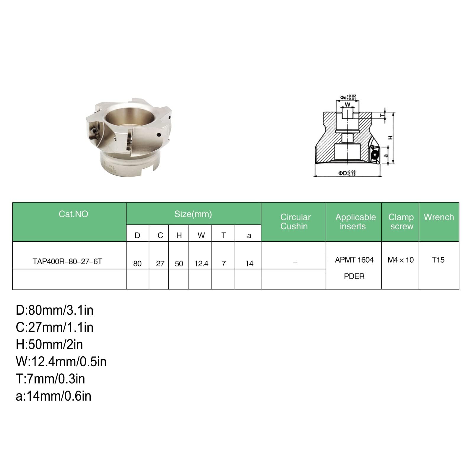 Ensemble Support Fraise Face Milling Tooling MT3 FMB27 BAP 400R 80 27 6T avec Inserts 1604APMT