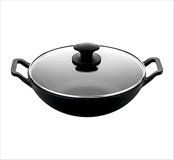 PREETCOOKWARE Cast Iron Kadhai, Kadai for Cooking Deep Fry, Oven Safe Cookware Induction Friendly Loha Kadhai 3 Litre (26cm), Black with Lid