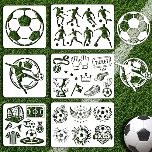 INFUNLY 6Pcs Soccer Painting Stencil for Wall Reusable Wall Stencils Football Action Walls Template for Painting 7.87x7.87, 8.27x11.69 Trophies Templates for Crafts Cement Wood Furniture Home Decor