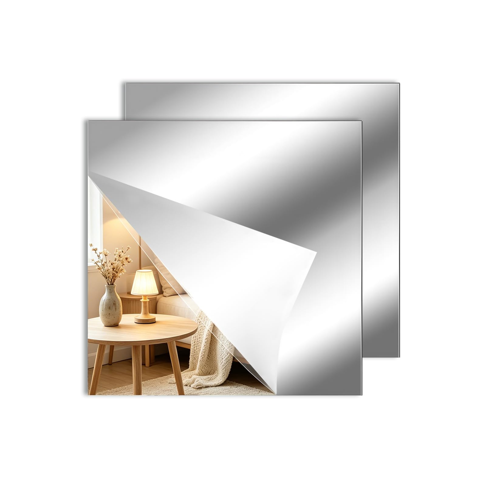 Wlicon 2 Pack 30x30 CM Self Adhesive Mirror HD Acrylic Mirror,Stick On Wall Mirrors Sheets Removable with Stickers,Plastic Mirror Wall Stickers,Non Glass Tile Mirror Stickers for Home Decor