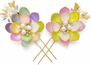 Floral Hair Pins with Pearl and Crystal Embellishments, Pastel Multicolour, Gold-Tone, Set of 2, Bridal Updo Accessory Price In India