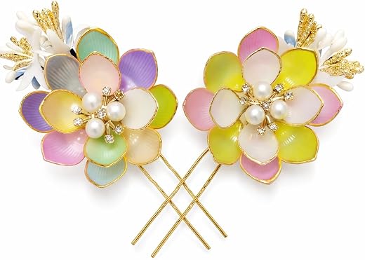 Floral Hair Pins with Pearl and Crystal Embellishments, Pastel Multicolour, Gold-Tone, Set of 2, Bridal Updo Accessory