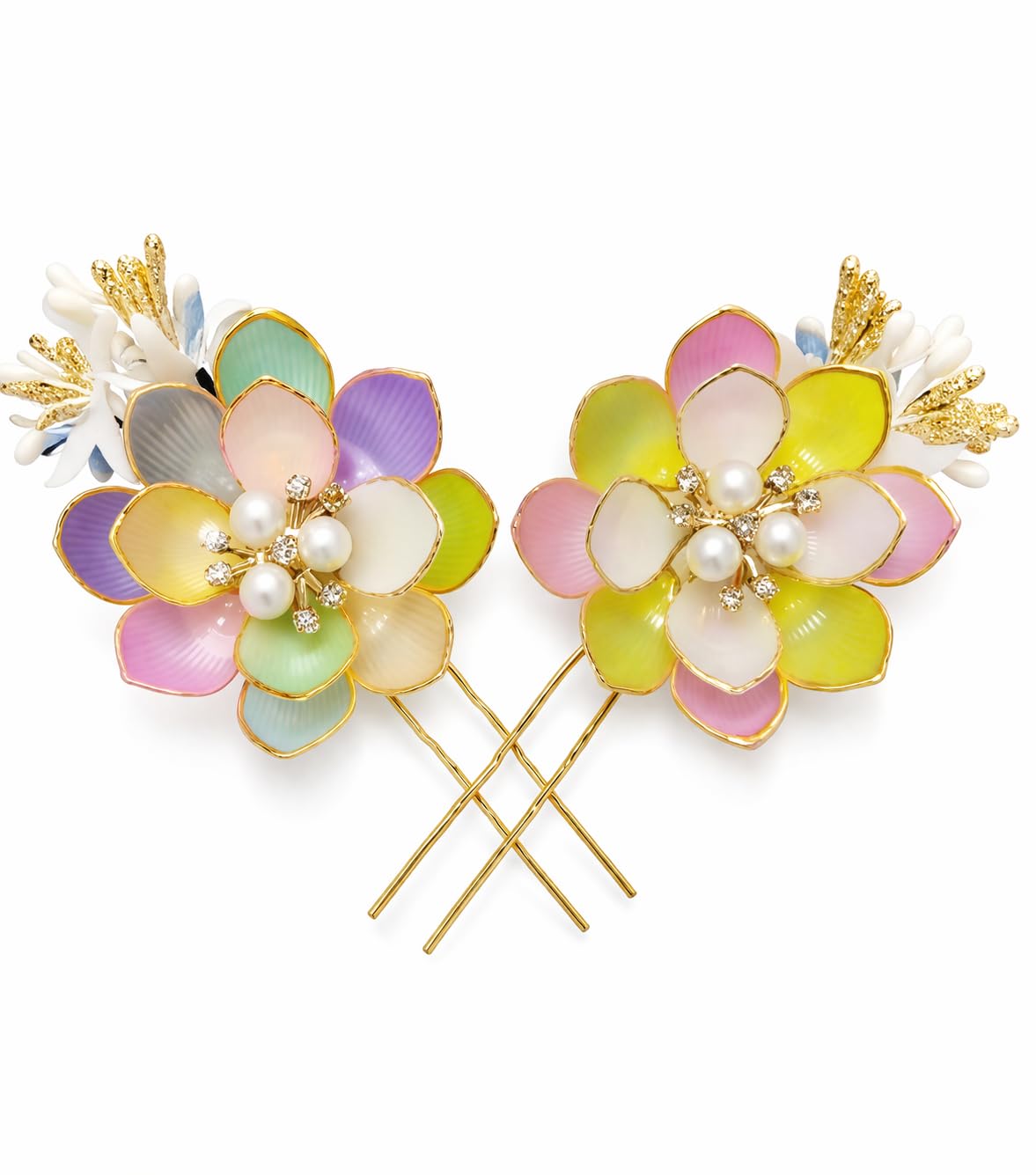 Floral Hair Pins with Pearl and Crystal Embellishments, Pastel Multicolour, Gold-Tone, Set of 2, Bridal Updo Accessory - Review, Price and Buying Guide