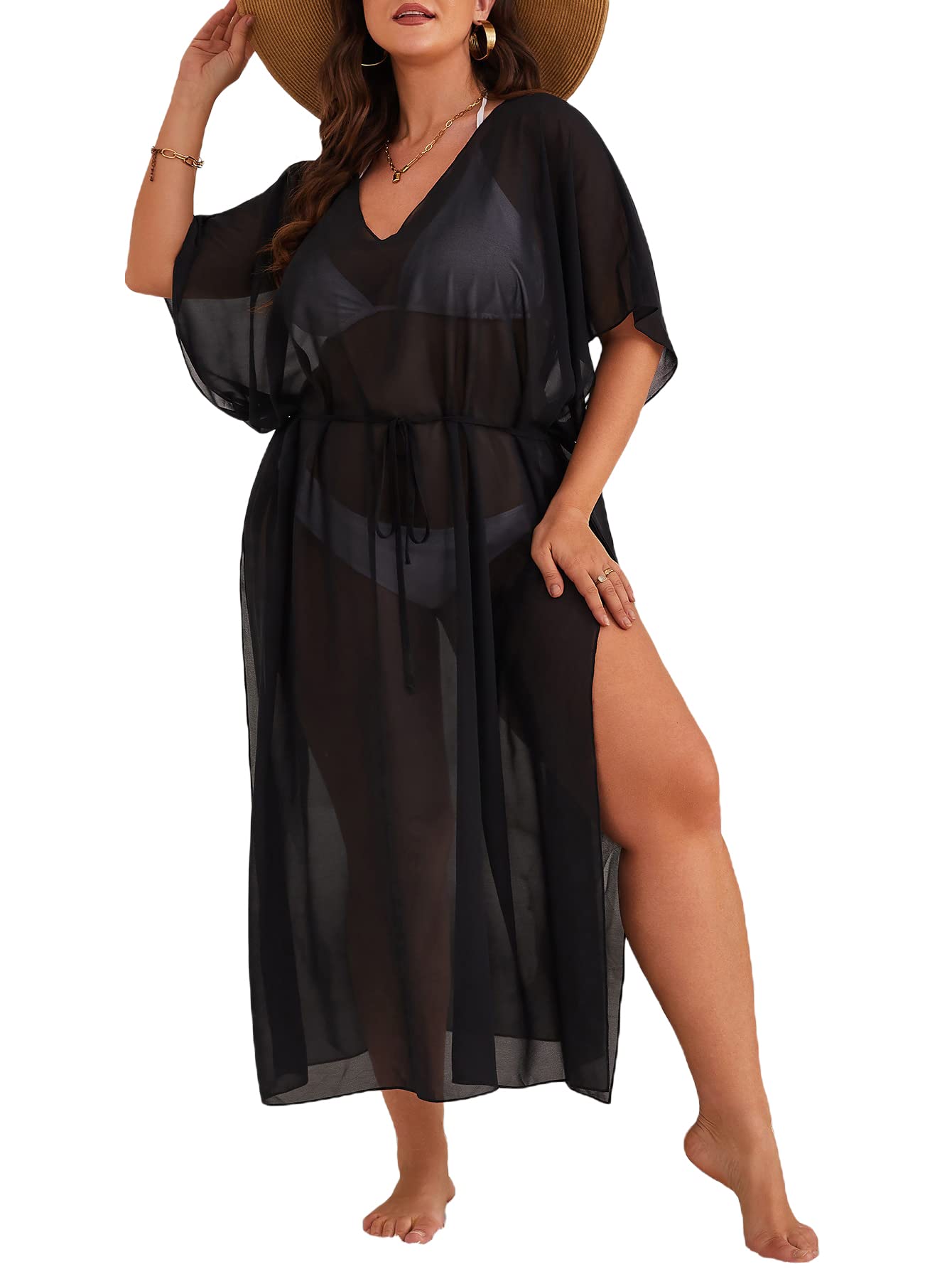 SOLY HUXWomen's Plus Size V Neck Split Side Sheer Belted Beach Bikini Swimsuit Cover Up Dress