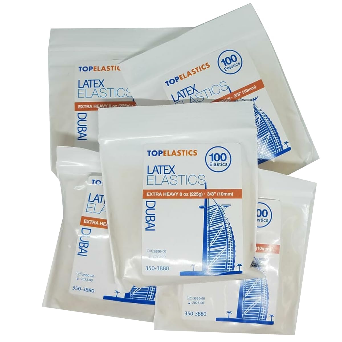 Orthodontic Intraoral Elastic - 50 bag x 100pcs - 1/8" X-Heavy 8oz - 3mm / Surgical latex DUBAI, 5000 pcs per box, packaged in resealable poly bags - Made in USA - Orthodentalusa Corp.