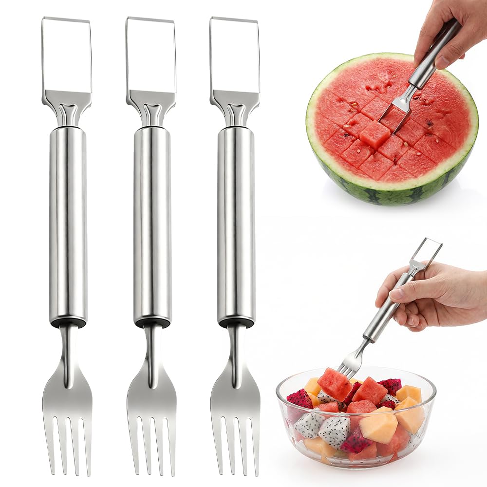 2-in-1 Stainless Steel Fruit Cutter Watermelon Slicer and Fork – Dual Head Fruit Cutter with Round Handle for Watermelon, Mango, Pitaya, Portable Kitchen Tool Home Parties (3pcs)