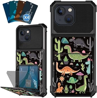 for iPhone 15 Case Wallet 4 Credit Card Holders ID Slot Flip CoverDinosaurs and Cactuses Design,Heavy Duty Dual Layer Defender Phone Case for iPhone 15 6.1 inch