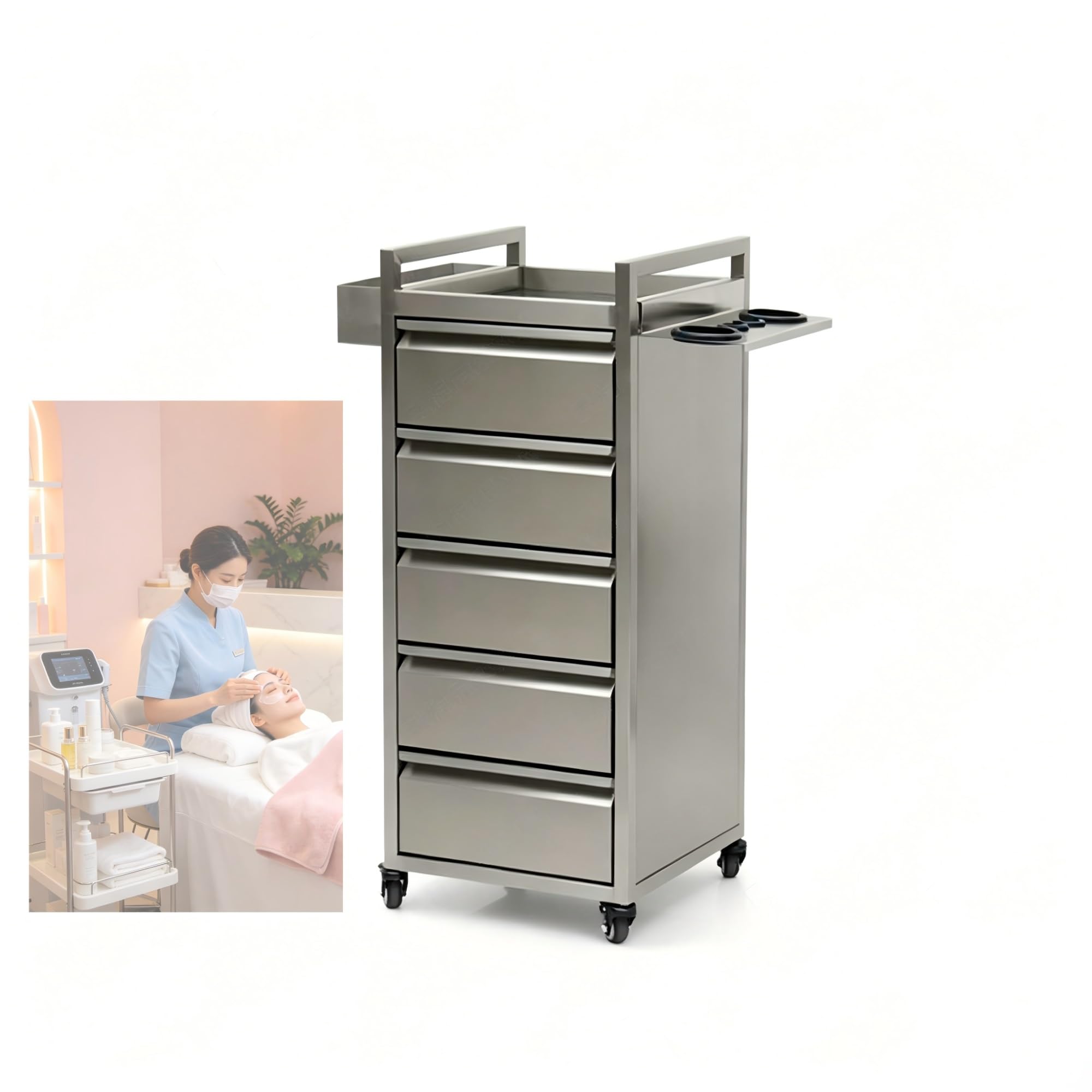 Professional Stainless Steel Salon Workbench Trolley - Mobile Hairdressing Cabinet with Hair Drying Rack and Drawers - Heavy-Duty Cart-Style Barber Trolley(50 * 40 * 88cm)