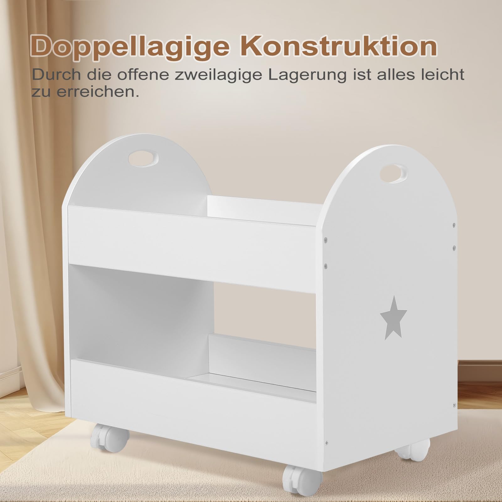 Lestarain Spielzeugkiste mit Rollen, Kinderzimmer Regal, Spielzeugregal mit 2 Ebenen, bewegliches Aufbewahrungsregal, Kinderregal für Bücher Spielzeug