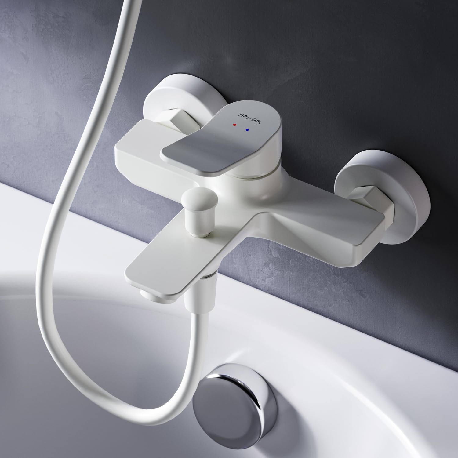 AM.PM Mitigeur Bain Douche, Robinet Monocommande de Bain avec Bec, à économie d'eau, Blanc, Résistant aux fissures, Facile à nettoyer et à installer, X-Joy FXA10033.