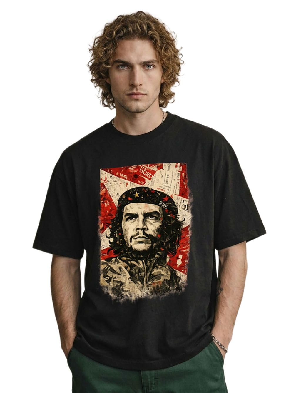Men's Black Che Guevara Printed Drop Shoulder Oversized T-Shirt | Half Sleeve Graphic Streetwear Tee-image-43