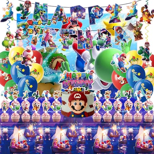 Birthday Party Decorations 50PCS latest Mario Cartoon Theme Supplies - 1 large cake plugin 1 Backdrop 1 Banner 6 decorative pendants 1 Tablecloth 24 Cake Toppers 16 Latex Balloons.