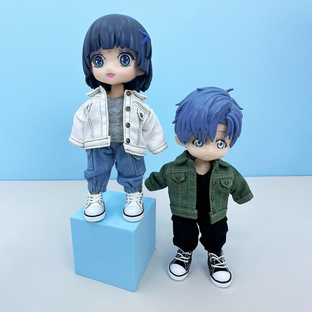 niannyyhouse OB11 1/12 BJD ubranka dla lalek płaszcz spodnie z kieszeniami kamizelka buty dżinsowy strój 10,9 cm figurki lalki dressup (niebieski)