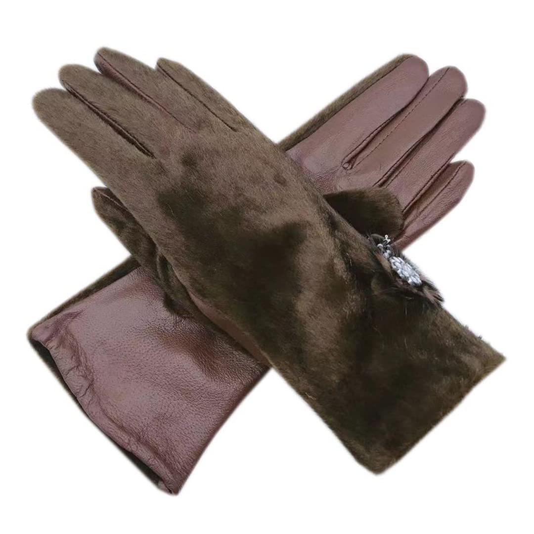 Guanti in pelle da donna invernali con fiore lucido Fodera in lana calda Guanti in pelle da moto da guida