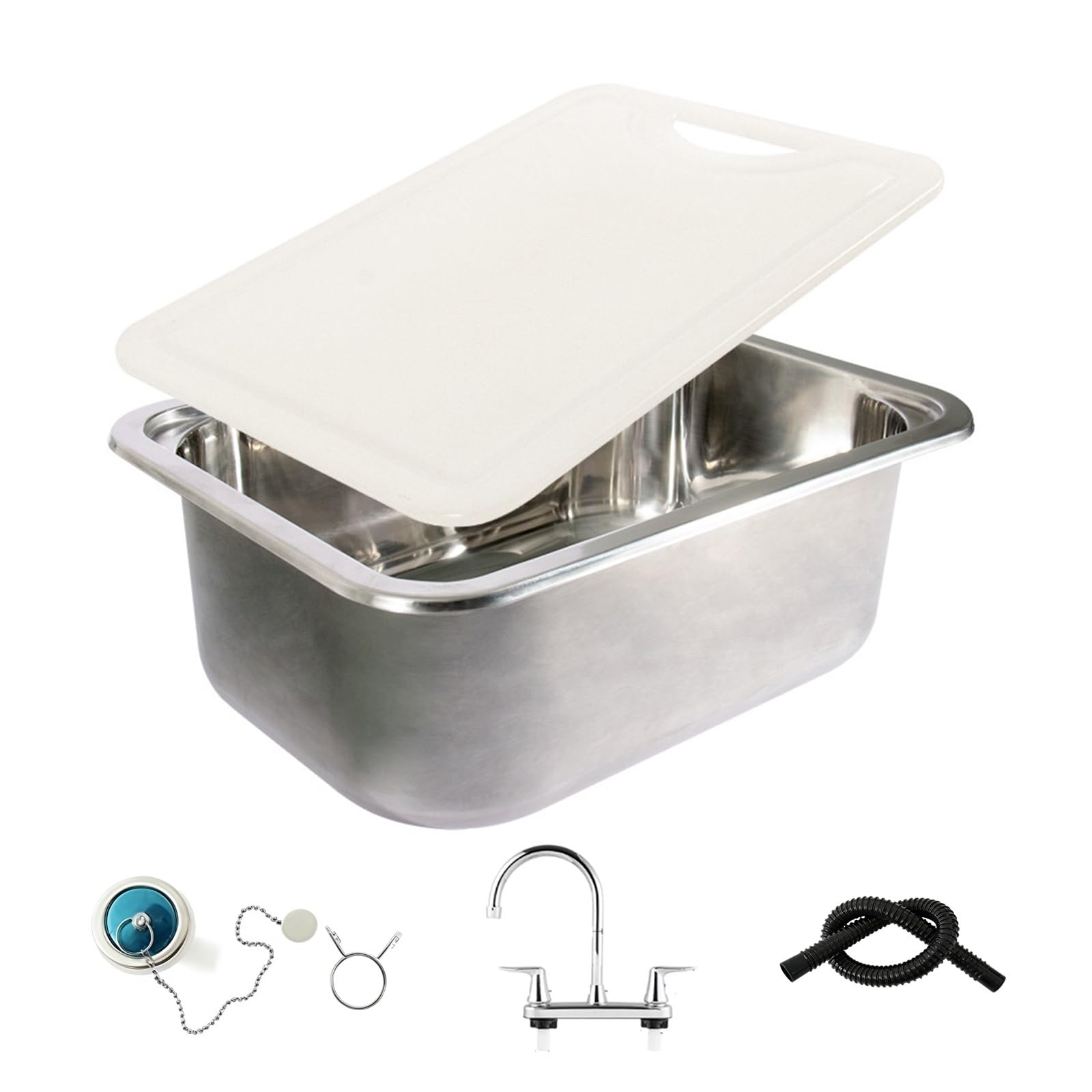 Fregadero Camping, Lavabo Caravana con Tapa y Grifo, Acero Inoxidable, Pulido Interior de Espejo, Fregadero de Cocina con Desagüe para Autocaravana