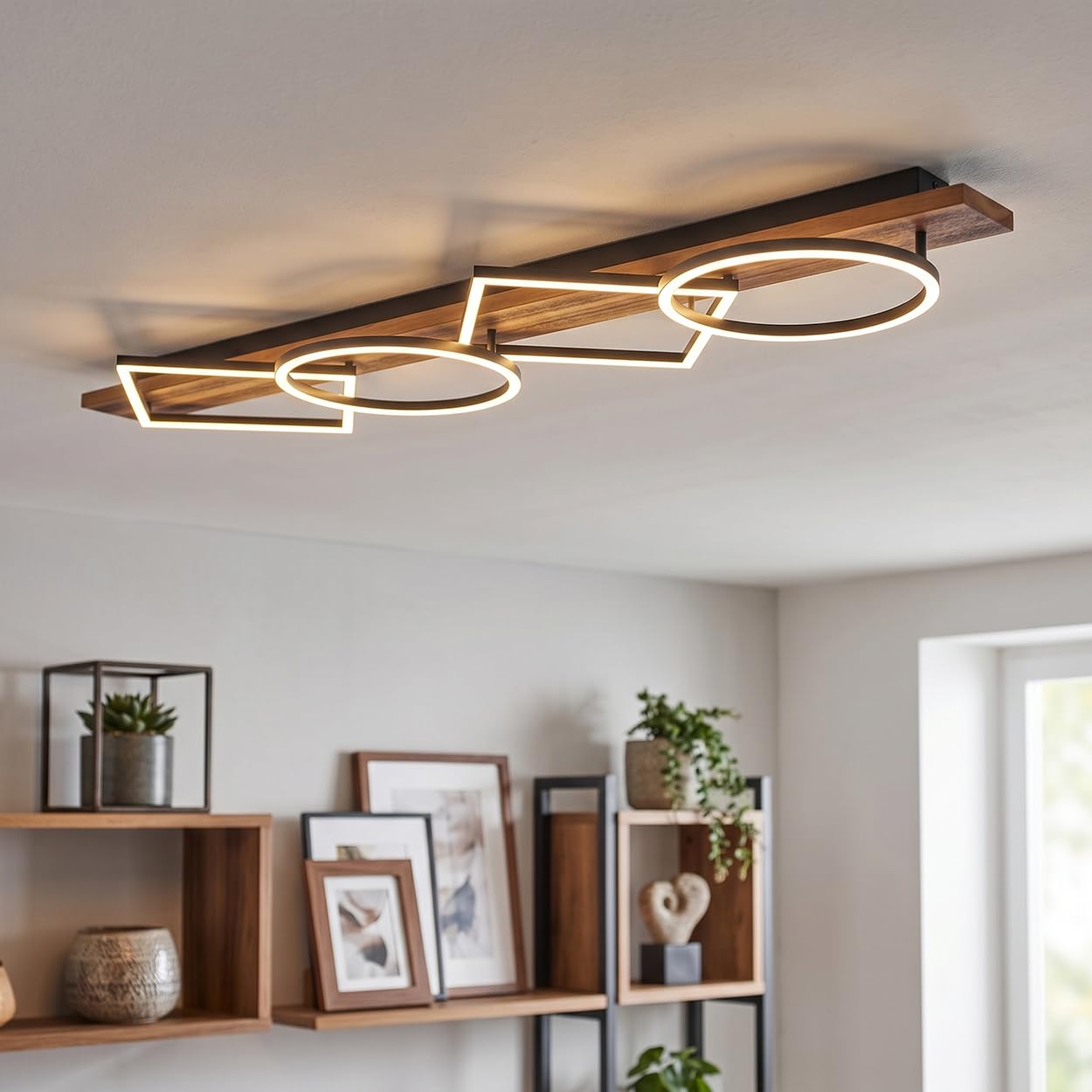 HOFSTEIN LED Deckenleuchte Pompu, Deckenlampe aus Metall/Holz/Kunststoff in Schwarz/Holz dunkel/Weiß, 3000 Kelvin, moderne Leuchte mit Holzbalken für Schlafzimmer, Esszimmer, Wohnzimmer, Küche, Flur