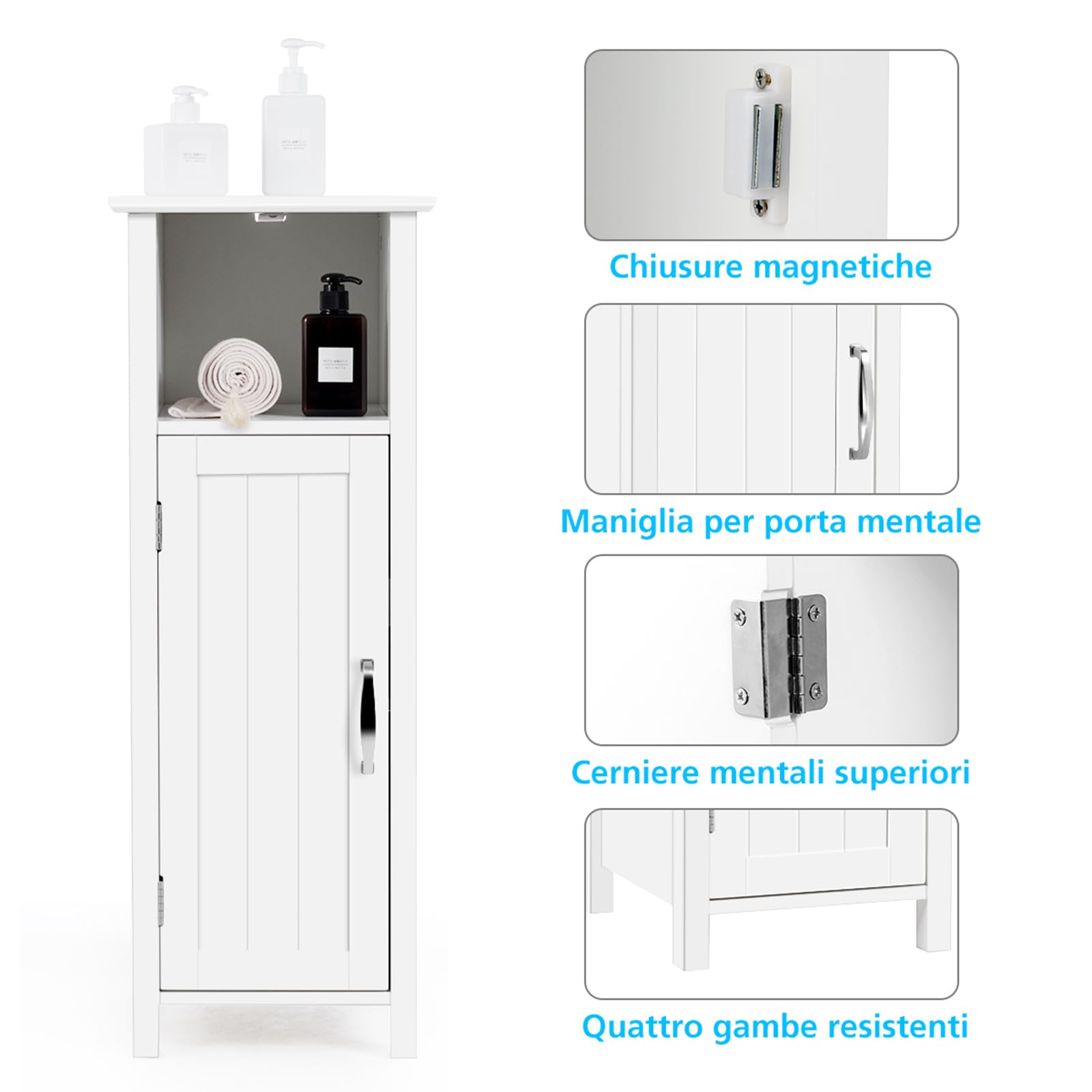 COSTWAY Mobile Bagno 30 x 30 x 80cm, Armadietto Salvaspazio in Legno con Ante e Ripiani Regolabili per Cucina, Soggiorno e Corridoio, Mobiletto Spazioso (Bianco)