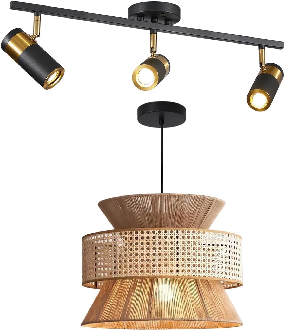 Modern 3 Light Black Track Lighting Kit, Wicker Hanging Lights, MCL05-3 BK & MPL09-BR