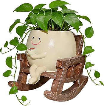 Smile Face Planter Pot, Cute Rocking Chair Plant Pots, Funny Face Planter Pots Head with Drainage Hole, Resin Flower Head Planter, Indoor and Outdoor Succulent Pot for Home Decor Gift