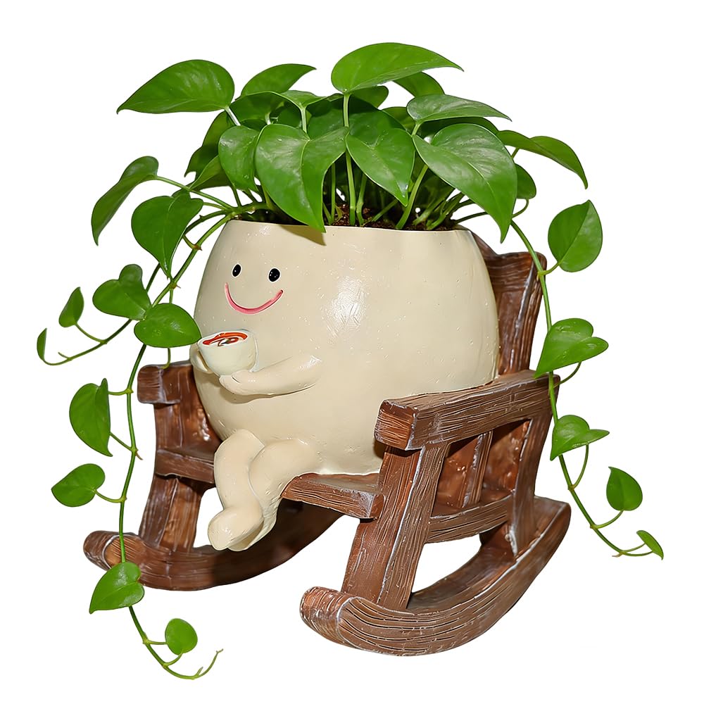 KBIBCK Smile Face Planter Pot, Cute Rocking Chair Plant Pots, Funny Face Planter Pots Head with Drainage Hole, Resin Flower Head Planter, Indoor and Outdoor Succulent Pot for Home Decor Gift — image 1