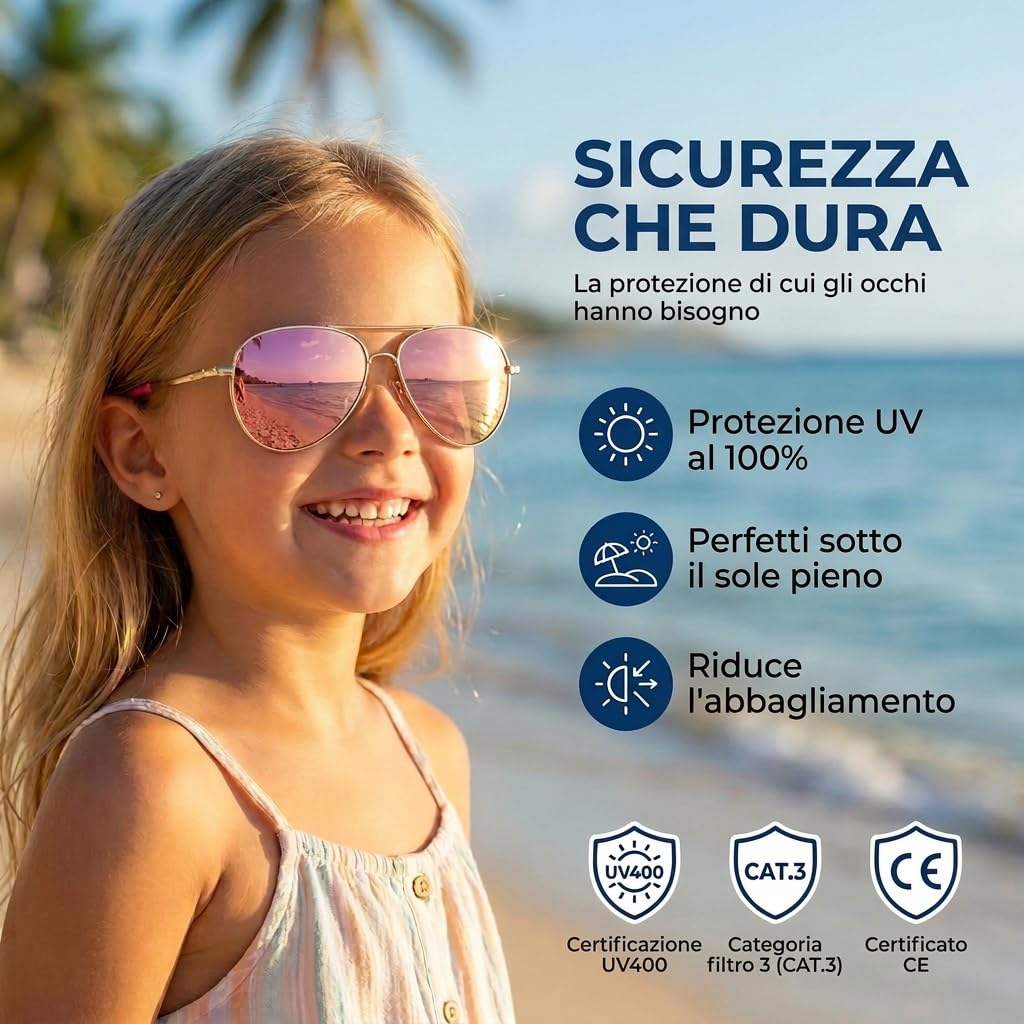 Kiddus Occhiali da Sole Polarizzati Bambino Bambina 9 10 11 12 Anni, UV400 CAT3, Protezione Solare Junior, Montatura in Metallo Resistente, CE ISO REACH