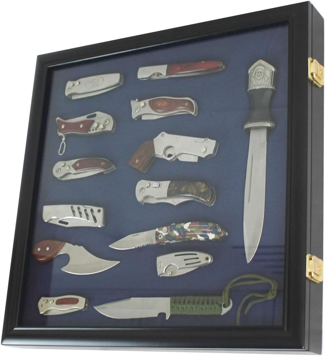 DisplayGifts Solid Wood Frame Pocket Knife Display Case Cabinet Shadow Box Glass Door Wall Mountable Soft Foam Interior Black Finish