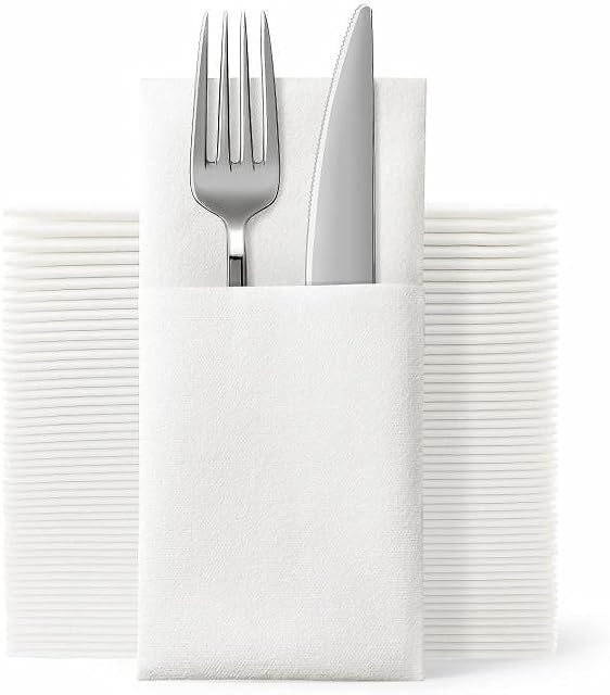 JEBBLAS Disposble Cloth Like Napkins Built-in Flatware Pocket,Wedding Party Linen Feel White Napkin, Prefolded for Silverware,50 Count