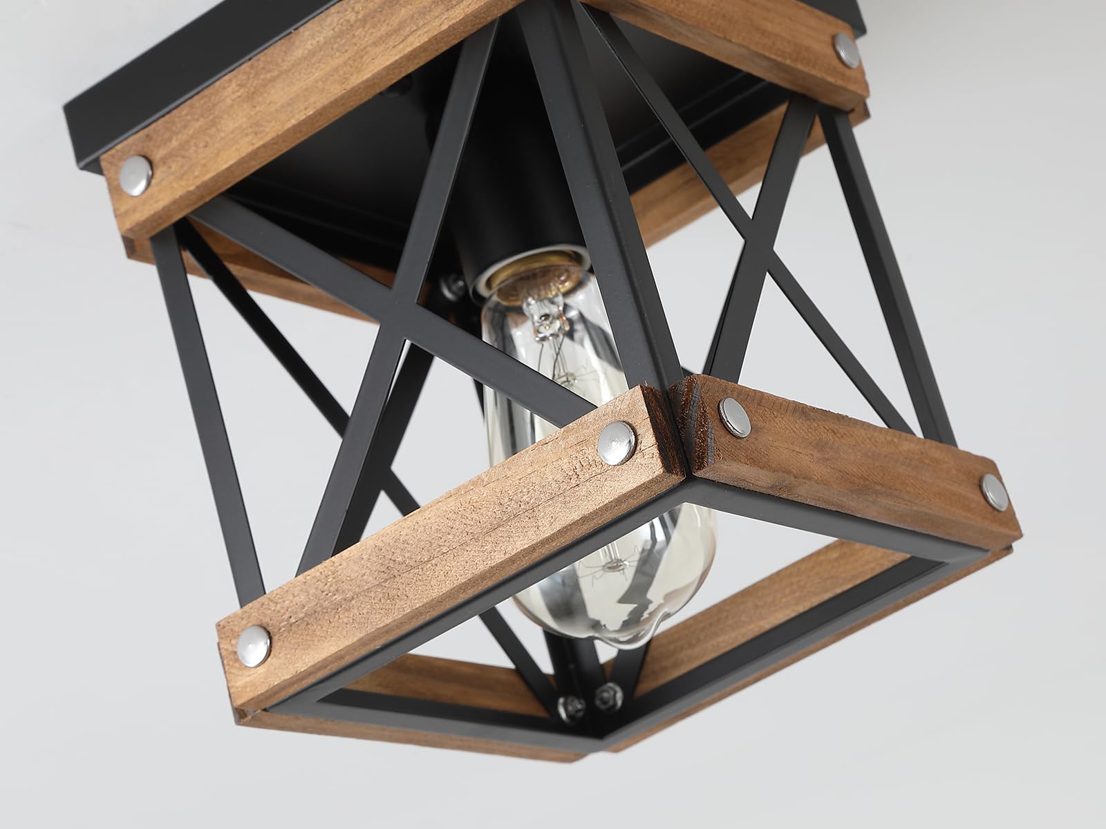 Paquete de 2 lámparas de techo rústicas de madera de granja empotradas, madera de roble y jaula cuadrada de metal, pequeña lámpara de techo semiempotrada para cocina, pasillo, entrada, dormitorio