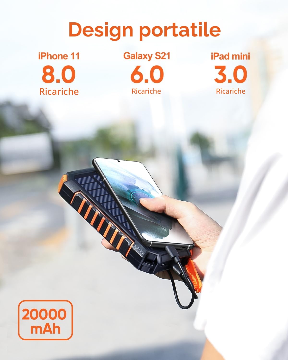 Hiluckey Caricabatterie Solare 20000mAh con 4 USB Batteria Esterna Portatile USB C Power Bank Senza fili Impermeabile con 2 Luci LED per Smartphones, Tablets (Orange)