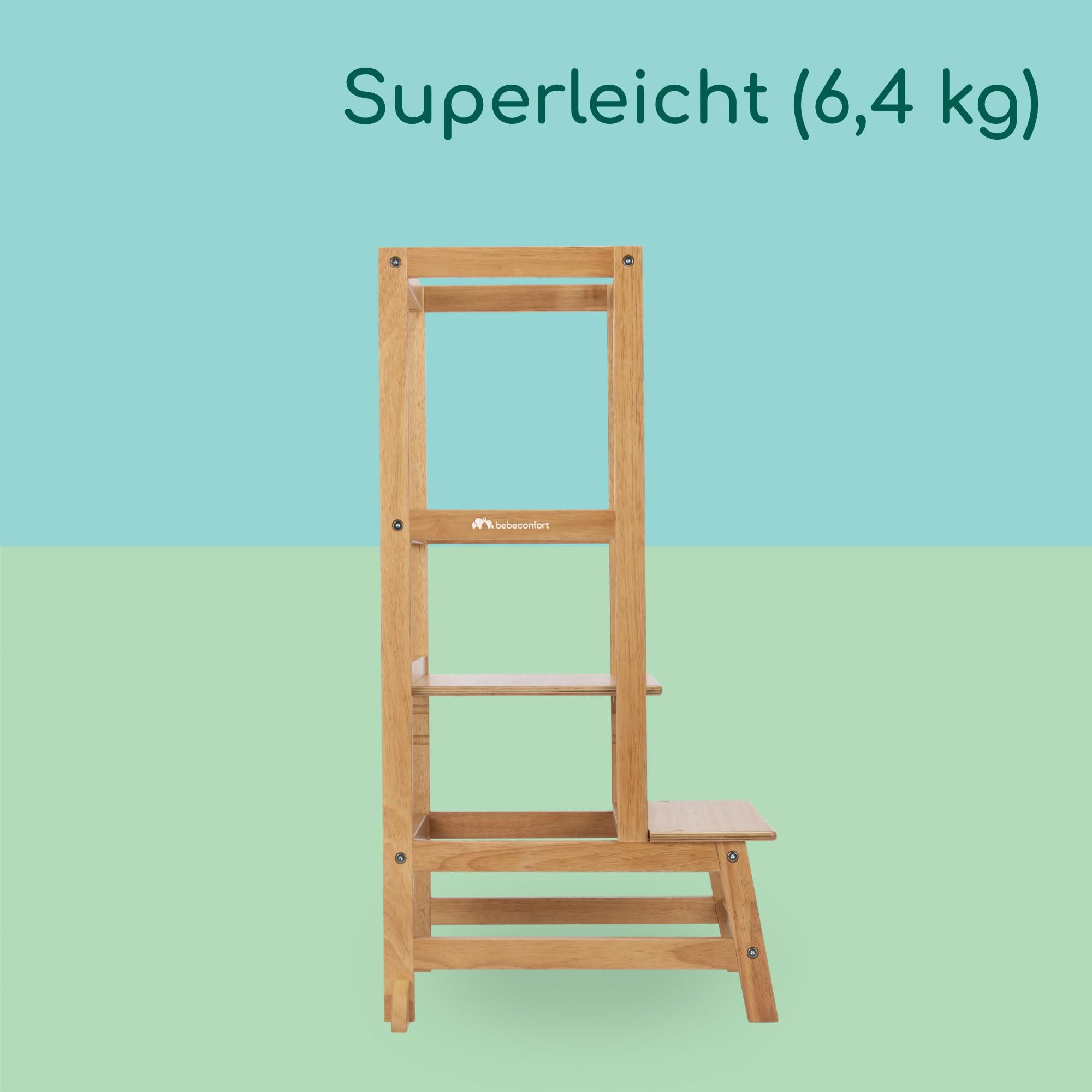 Bebeconfort Nola, Montessori Lernturm Kinder, 1,5–6 Jahre (bis zu 30 kg), 3 Höhenstufen, geprüfte Sicherheit, 6,4 kg leichter Turm für Kleinkinder, langlebiges Design, einfache Montage, Natural Wood