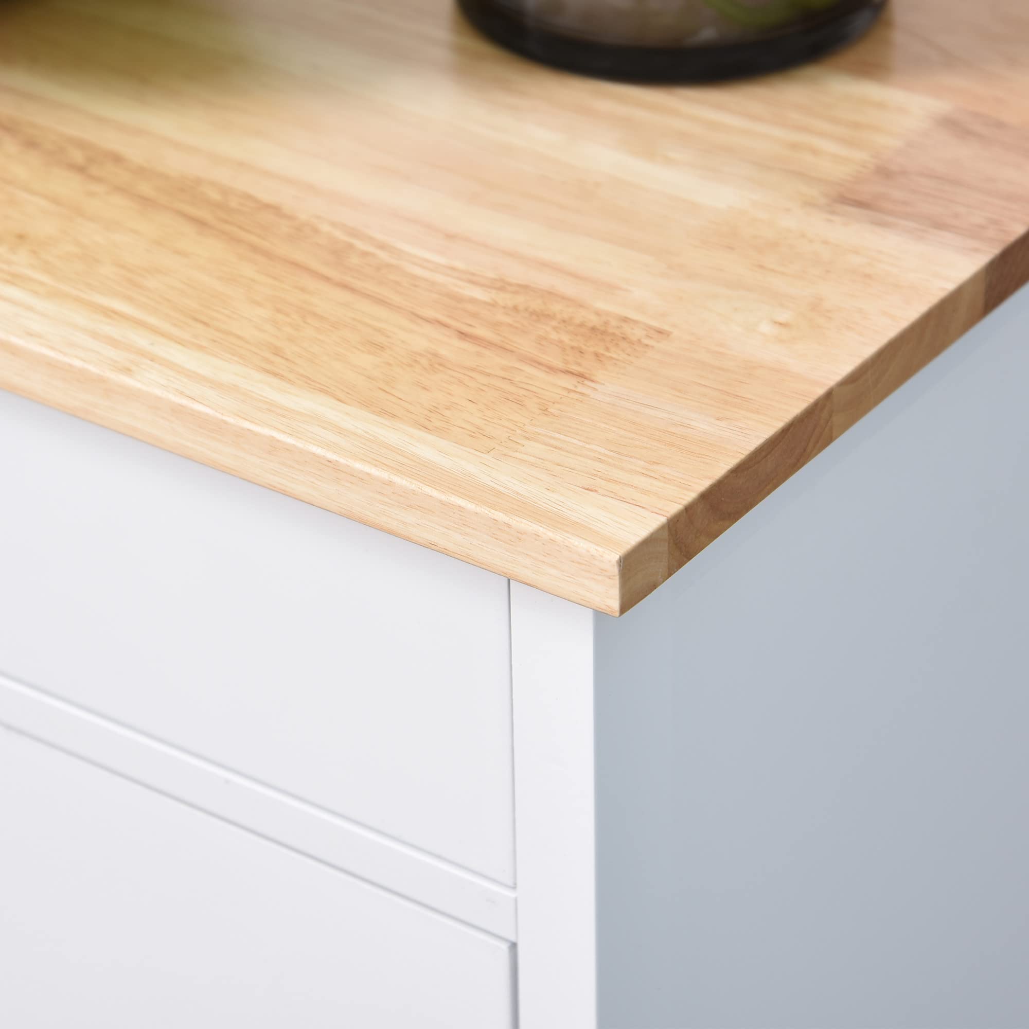 HOMCOM Carrello da Cucina Salvaspazio in MDF con Piano di Lavoro in Legno di Gomma, Cassetto, Armadietto, 3 Mensole, Ripiani Regolabili, Porta Strofinacci e Ruote Girevole, 66x39.5x86.5cm, Bianco