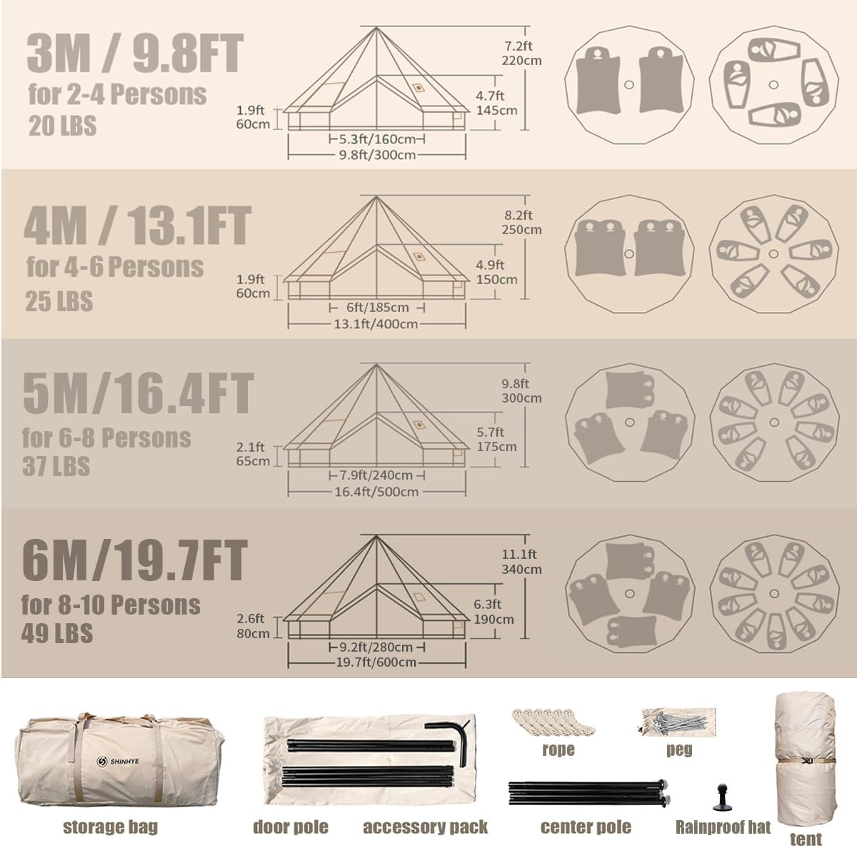 Bell Yurt Tent, Waterproof Luxury 4 Season Hot Tent with Stove Jack/Air Conditioner Vents/2 Skylight for Family Outdoor Camping Oxford Glamping Tents for All Year Living