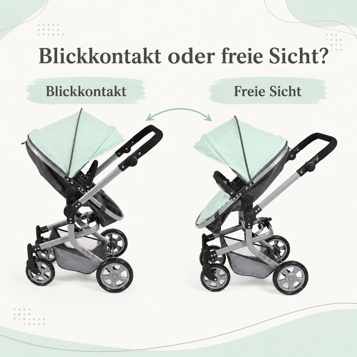 Bayer Chic 2000® Wózek dla lalek Mika 2 w 1, miętowy, składany, z regulacją wysokości 47-80 cm, nowoczesny stelaż, lalki do 52 cm, 4-8 J.
