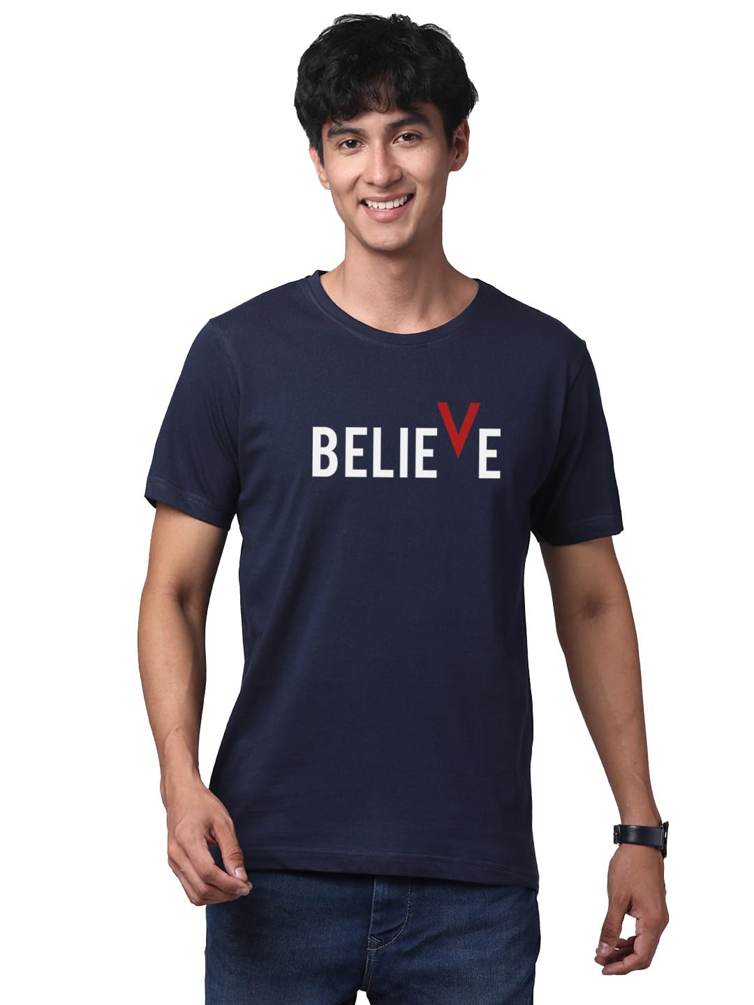 ADRO 100% bawełna licra t-shirt męski 3-częściowy krój normalny krój T-shirt z nadrukiem, okrągły dekolt, pół rękawa