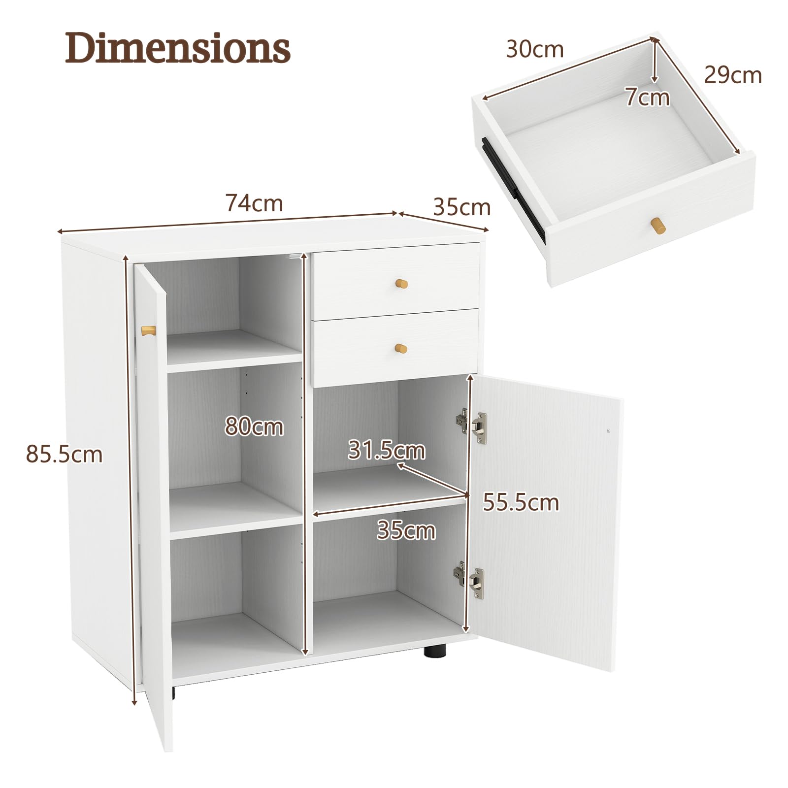 KOMFOTTEU Mobile Dispensa con 2 Cassetti, Credenza da Cucina con 2 Ante, Mobiletto Basso con 3 Ripiani Regolabili, Armadio a Buffet per Sala da Pranzo, Soggiorno, 74x35x85,5 cm(L x P x A) (Bianco)