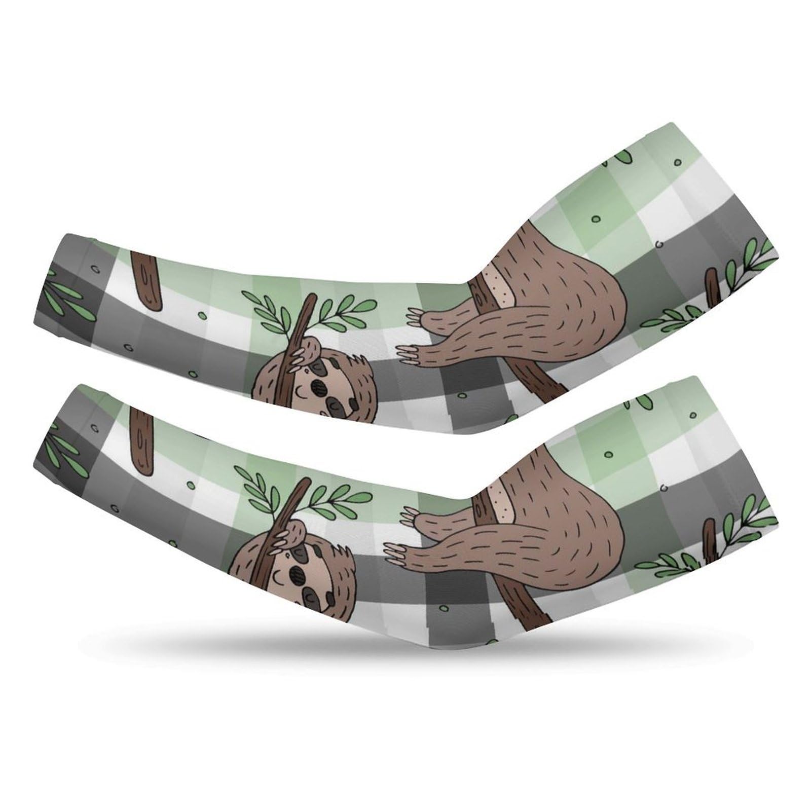 Xmkltbz 1 Pair Cooling Arm Sleeves, Unisex Warmer Spandex Sports Cover Uv Sun Protection for Cycling Golf Running XL Print Doodle Sloth On Tree Branches On Checker Plaid