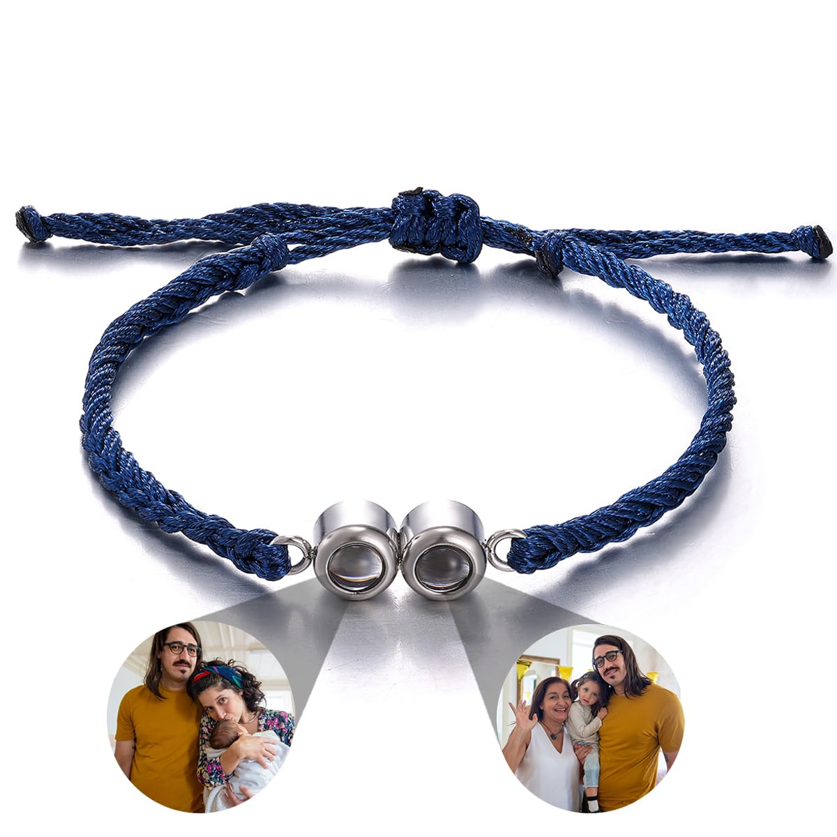ZoikoM New Custom Dual Photo Projection Bracelet Customized Woven Projection Bracelet Adjustable Projection Bracelet, Large, Metal, Dark blue