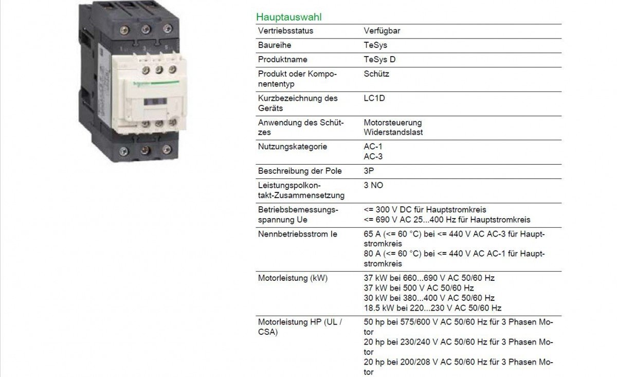 Schneider Electric LC1D65AP7 Tesys D, Contactor, 3P Ac-3, 440 V 65 A, Bobina 230 V Ca 50/60 Hz