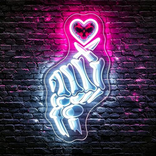 Image of White&Pink Neon Sign Led Neon Lights Signs for Wall Decor USB Powered Led Signs for Room Decoration-Skeleton Finger Heart