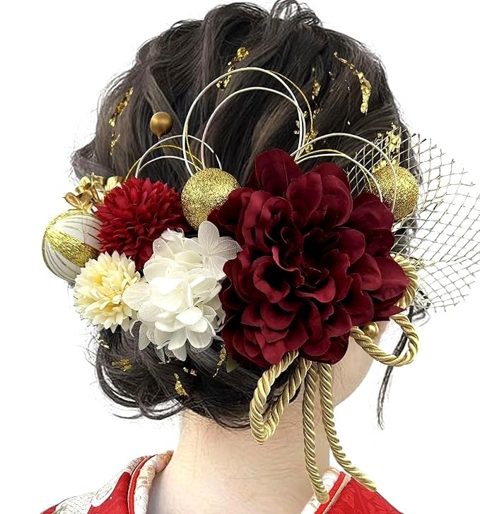 成人式 和装 髪飾り （赤+白+金）