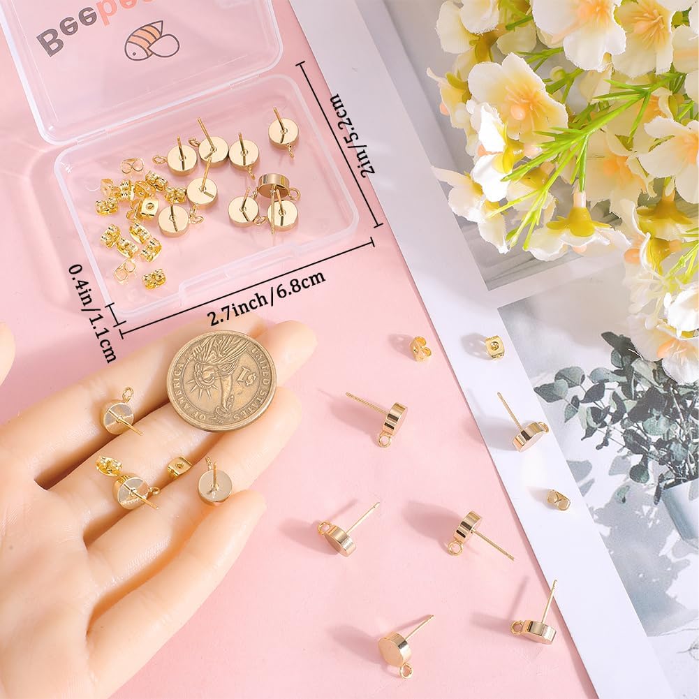 Beebeecraft 1 Box 20Pcs 8mm Real 18K Gold Plated Flat Round Earring Posts Blank Earring Studs with Loop and Butterfly Ear Nuts Small Dot Disc Stud Earring Findings for Jewelry Making DIY Crafts