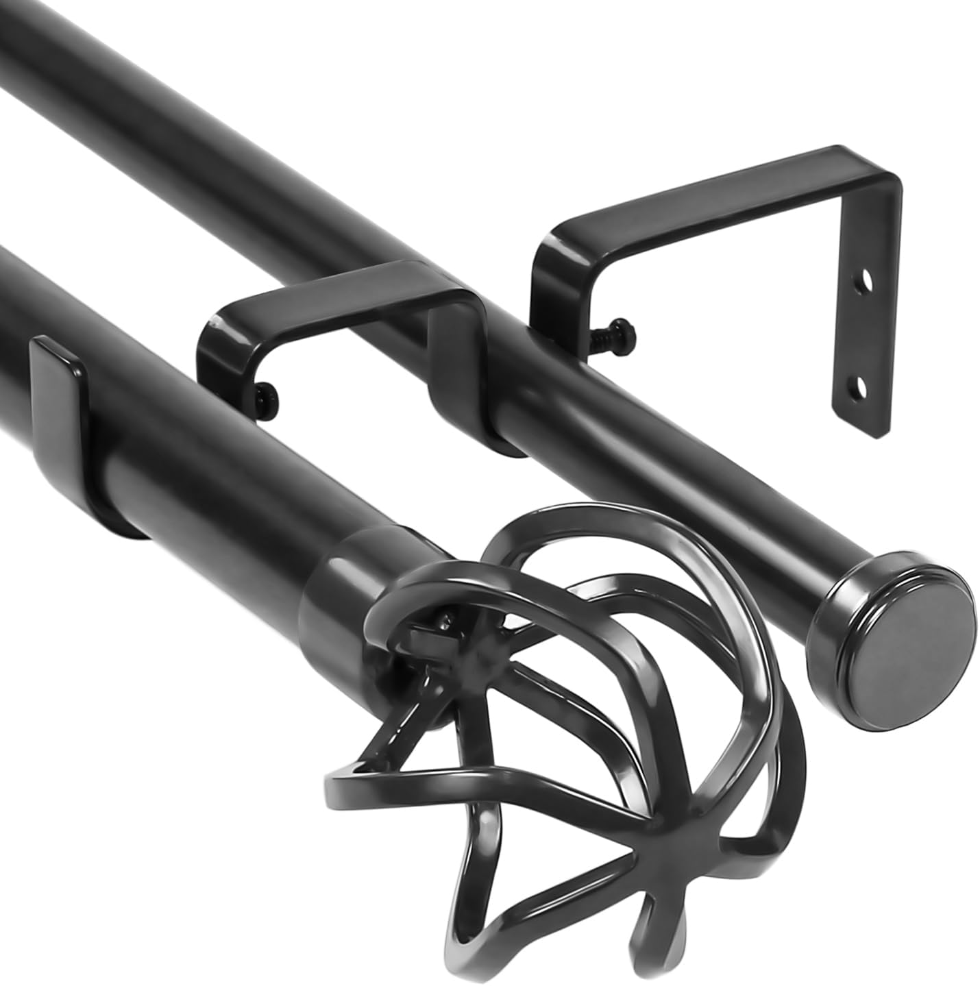 Urbanest Zeffoli Flat Button 1" 3/4" Double Drapery Curtain Window Rod Set - 28" to 48", Black