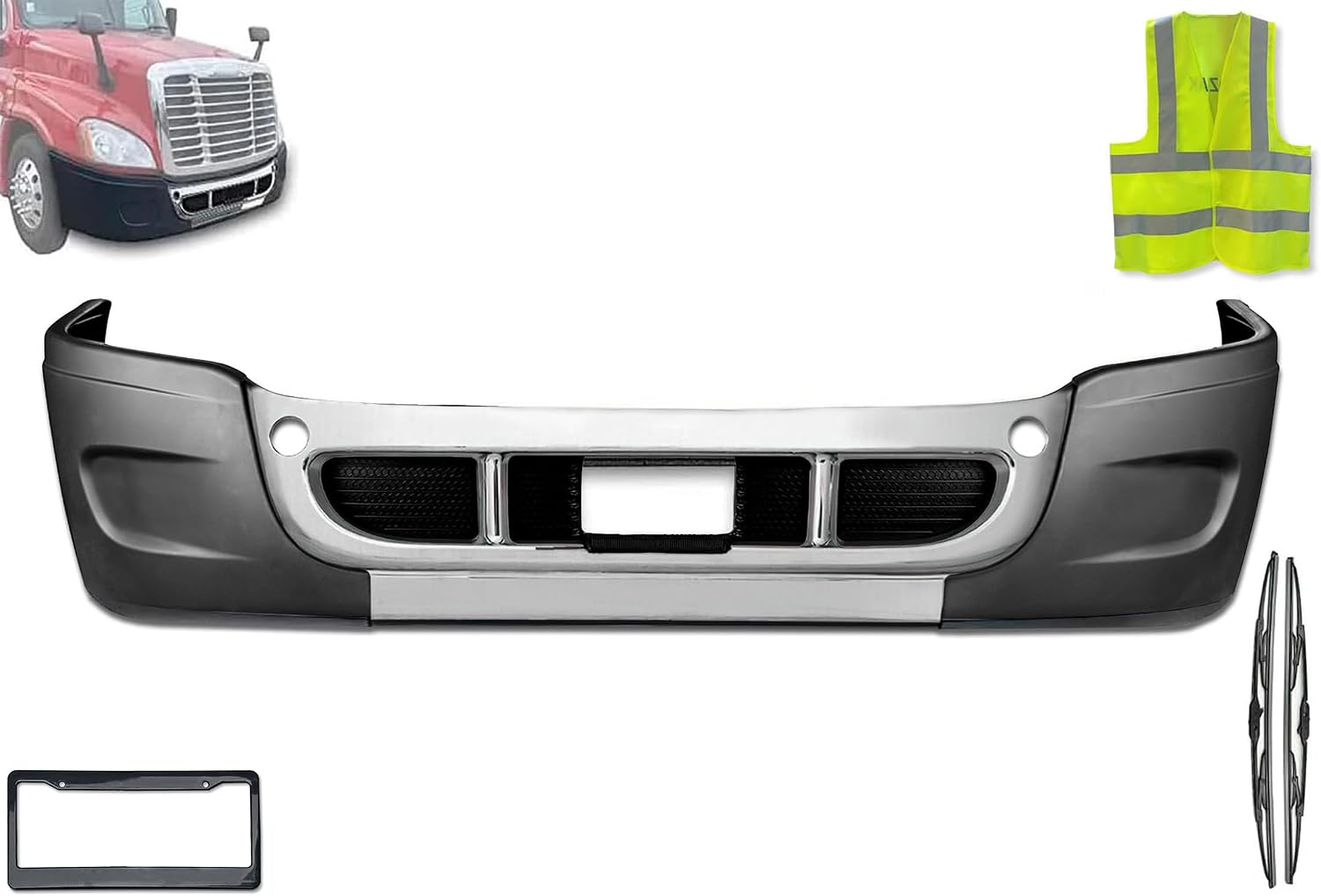 KOZAK Compatible with Freightliner Cascadia 2008-2017 Complete Plastic Chrome Bumper - No Fog Light Hole, Includes Logo, 2x 22" Wipers, License Plate Frame, and Reflective Vest