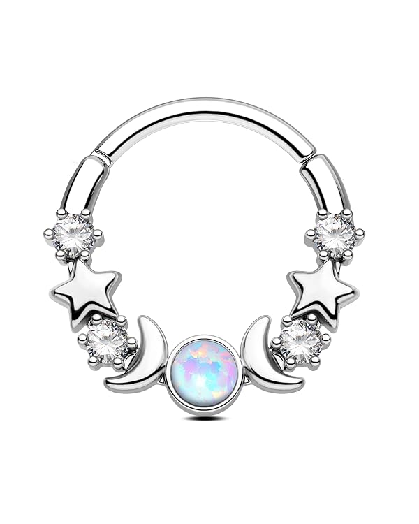 CM Crareesi Mania Moon Phase Septum Ring 16G Opal Septum Piercing Jewelry Star Daith Earrings 316L Stainless Steel 8mm Daith Piercing Hoop for Women by CM Crareesi Mania - Used condition - US$11.92