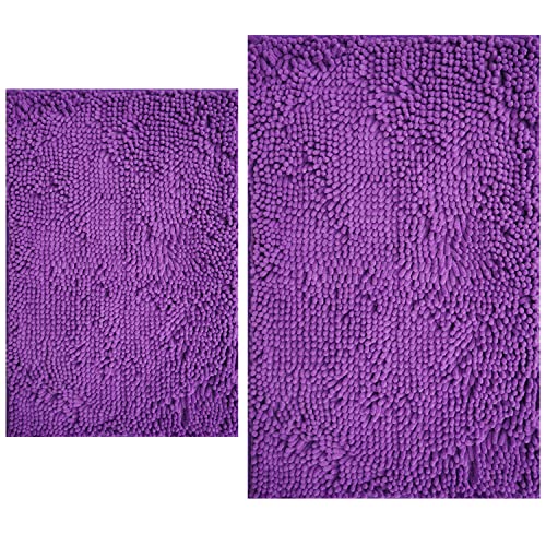 Image of Bathroom Rugs Sets 2 Piece, Extra Soft Chenille Bath Mat Ultra Absorbent Bathroom Rug, Bathroom Mat with Sturdy PVC Non-Slip Bottom, Machine Washable Bath Rugs (20x32 Inch + 16x24 Inch, Purple)