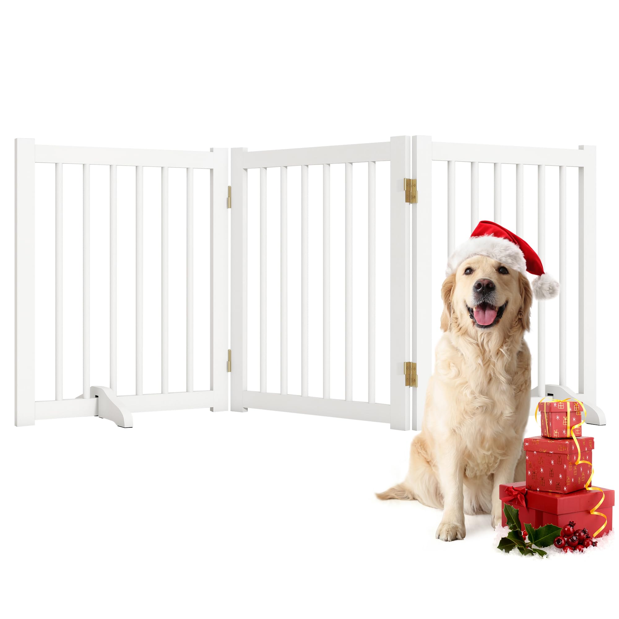 Solid Wood Freestanding Pet Gate - 3 Panels 24" - Folding Safety Fence with 2 Support Feet - Ideal for Stairs, Doorways, Halls, Kitchens - Indoor Wooden Dog Gate - White Color